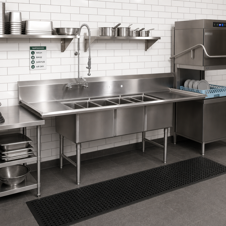 Product image #2 for John Boos Straight 3-Compartment Dishtable/Pot Sink with 2 Drainboards, Right-Side Dish Machine Attachment, 103-5/8-Inch Wide Stainless Steel
