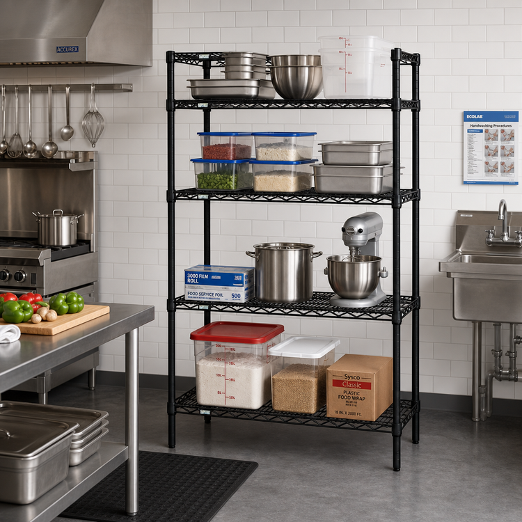 Product image #2 for Quantum Wire Shelving Starter Kit, 60"W x 36"D x 74"H, 4 Shelves, Black Epoxy Antimicrobial Finish
