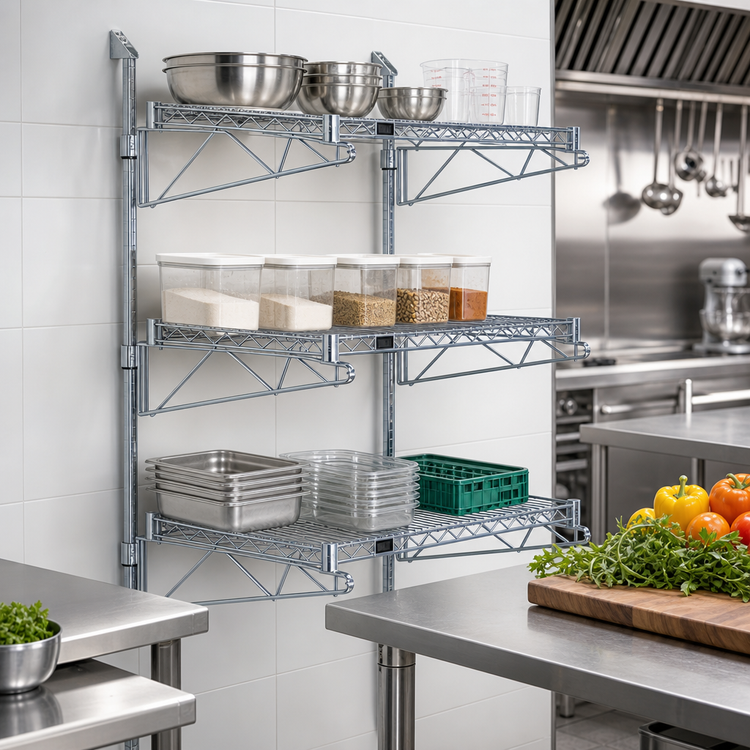 Product image #2 for Quantum Wall-Mounted Cantilever Shelving Starter Unit with 3 Wire Shelves, 54-Inch Posts