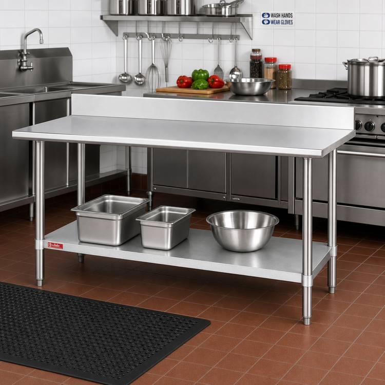 Product image #2 for Duke 72-Inch x 24-Inch 14-Gauge 300 Series Stainless Steel Work Table with 5-Inch Riser and Galvanized Undershelf