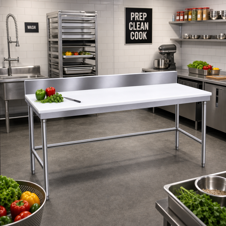 Product image #2 for Poly-Vance 84-Inch x 30-Inch Poly Top Work Table with Stainless Steel Base and 6-Inch Backsplash