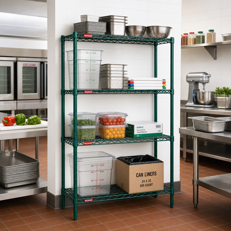 Product image #2 for Valu-Gard 4-Tier Stationary Starter Wire Shelving Unit with QuadTruss Shelves, 48W x 21D x 63H, Green Epoxy