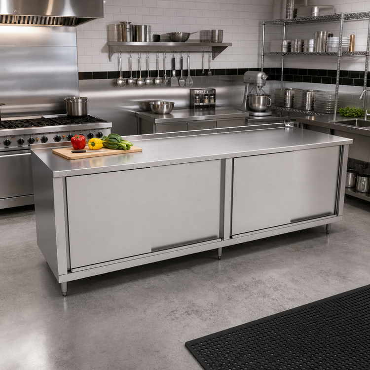 Product image #2 for John Boos 108"W x 36"D Stainless Steel Cabinet Base Work Table with Sliding Doors and 1-1/2" Rear Riser