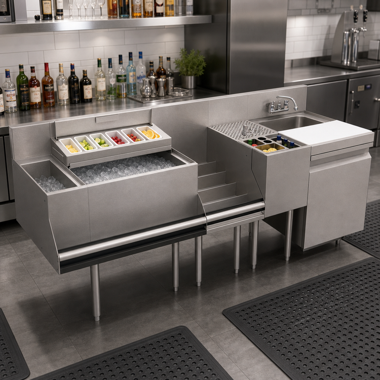 Product image #2 for Krowne Royal Series 78-Inch Stainless Steel Underbar Workstation with 24-Inch Ice Bin, 8-Inch Elixir Well, and Dump Sink