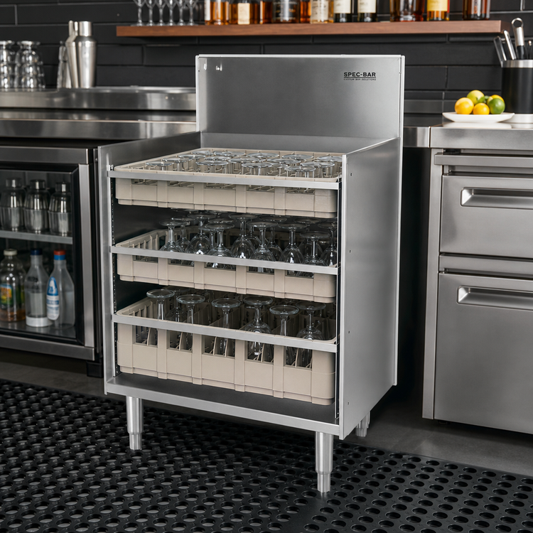 Product image #2 for Spec-Bar 24" x 24" Underbar Glass Rack Storage Unit, Open Front Base, 3-Rack Capacity