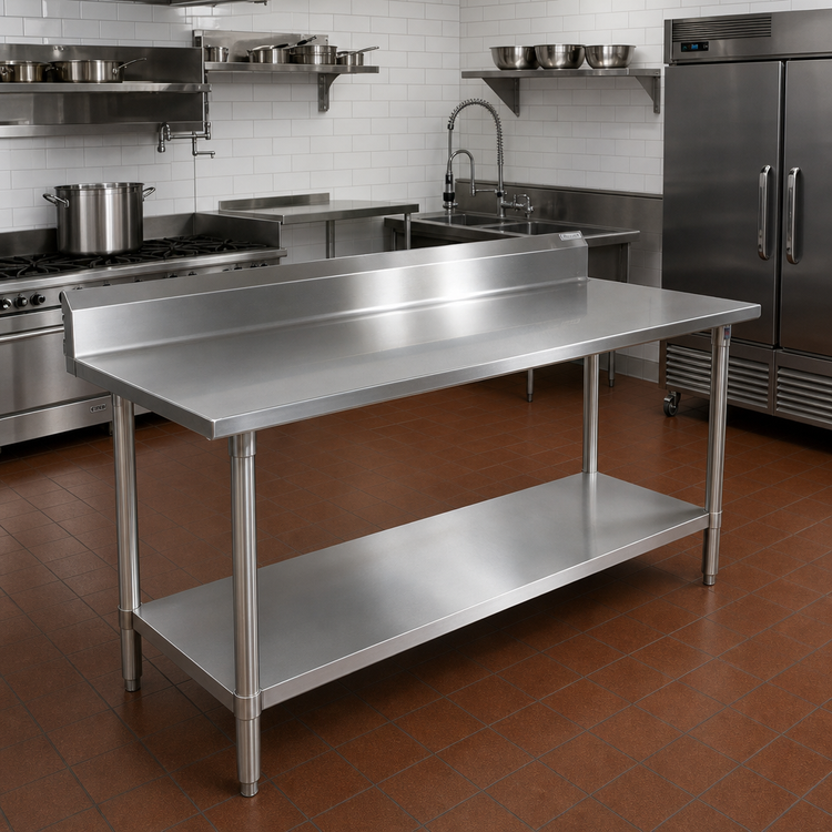 Product image #2 for John Boos Stallion 108" x 30" 14-Gauge 300 Series Stainless Steel Work Table with 5" Backsplash