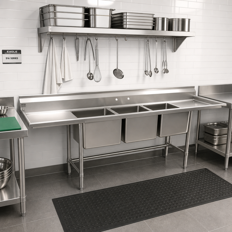 Product image #2 for Eagle Group S16 Series 95-1/2-Inch Wide 3-Compartment Stainless Steel Sink with Right-Hand Drainboard