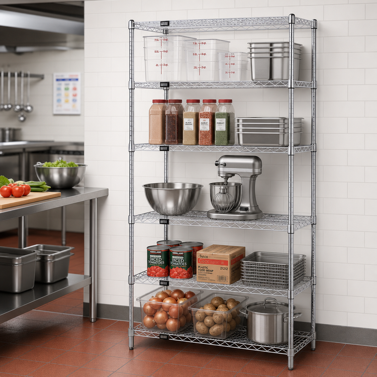 Product image #2 for Quantum Stationary Chrome-Plated Wire Shelving Starter Kit, 30-Inch Wide x 24-Inch Deep x 74-Inch High, 5 Shelves