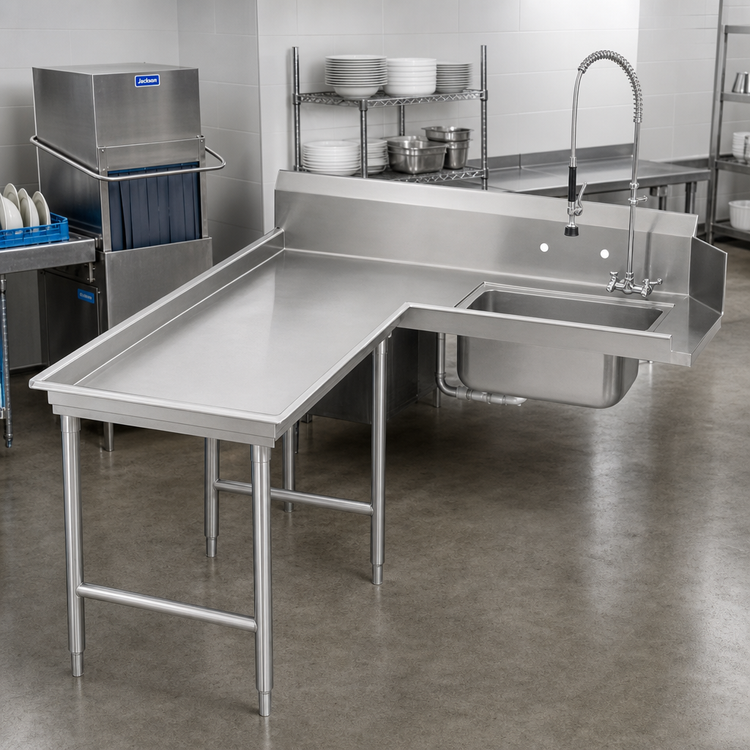 Product image #2 for Advance Tabco L-Shaped Island Soil Dishtable with Pre-Rinse Sink, Left-Hand Operator, 107 Inch, 304 Stainless Steel