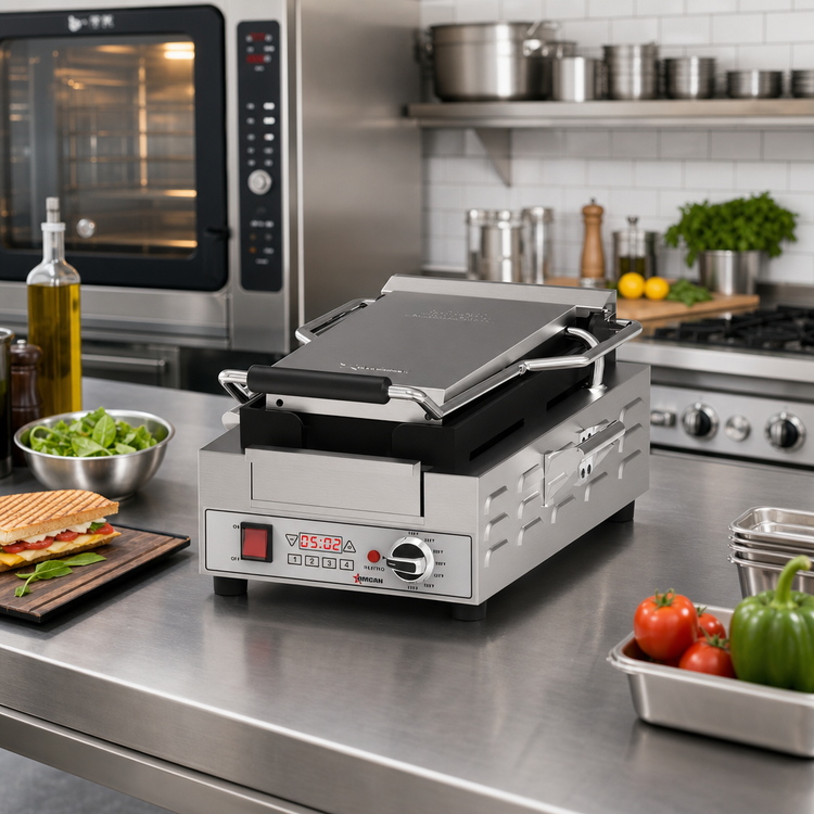Product image #2 for Omcan Single Slim Countertop Panini Grill with Ribbed Cast Iron Plates, 14.7 x 7.8-Inch Surface, 120V