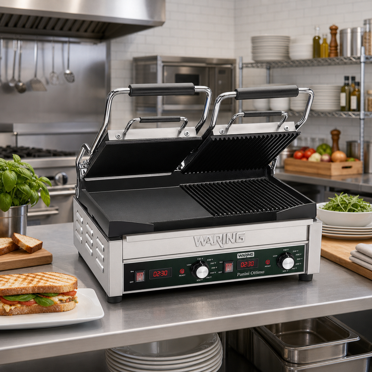 Product image #2 for Waring Panini Ottimo Double Italian-Style Panini/Flat Grill with Timer, 17 x 9.25 Inch Dual Cast Iron Plates, 240V