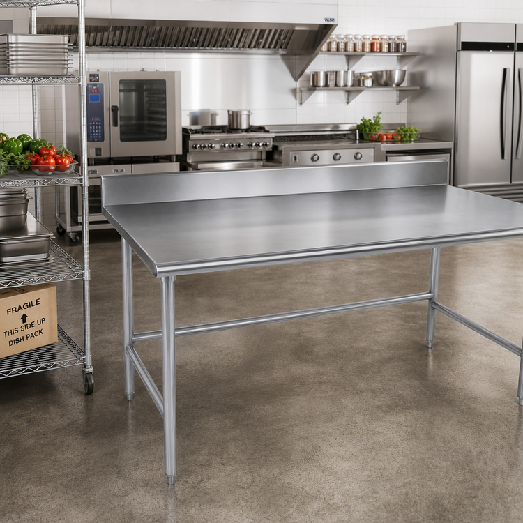 Product image #2 for Advance Tabco 84" x 30" 16-Gauge 430 Stainless Steel Work Table with 5" Backsplash and Galvanized Open Base