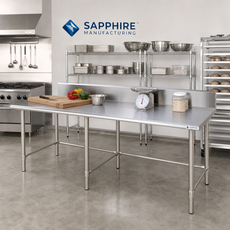 Product image #2 for Sapphire Manufacturing 120-Inch W x 30-Inch D Stainless Steel Work Table with 5-Inch Backsplash and 400-Series Reinforced Top