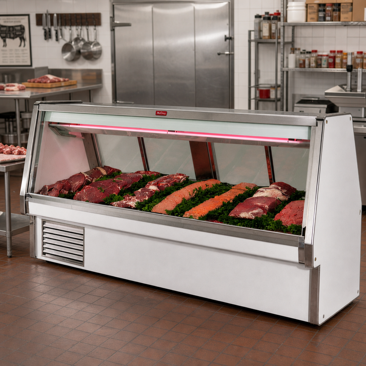 Product image #2 for Howard-McCray 34E Series 124-1/2-Inch Wide Red Meat Service Case, Self-Contained Refrigeration, Straight Glass Front