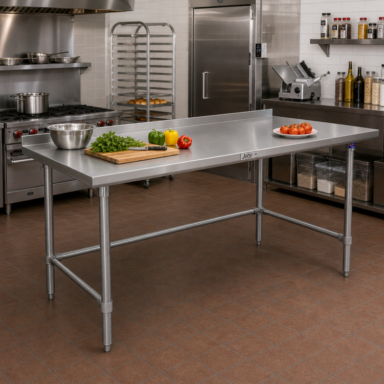 Product image #2 for John Boos Stallion 120-Inch x 30-Inch Stainless Steel Work Table with 1-1/2-Inch Rear Up-Turn and Galvanized Open Base