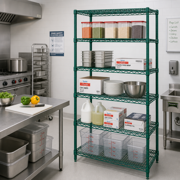 Product image #2 for Quantum 36"W x 36"D x 63"H Wire Shelving Starter Kit with 5 Shelves, Green Epoxy Antimicrobial Finish