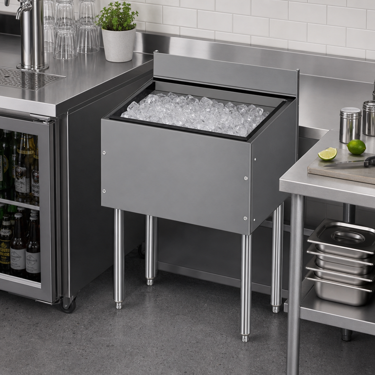 Product image #2 for Choice Extra Deep 30-Inch Wide Stainless Steel Underbar Ice Bin with Open Channel Backsplash