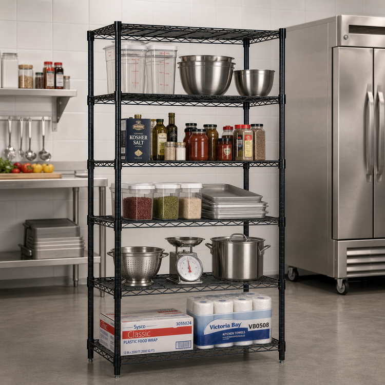 Product image #2 for Quantum Stationary Wire Shelving Starter Kit, 60"W x 36"D x 74"H, 5 Shelves, Black Epoxy Finish