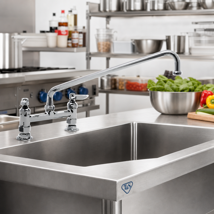 Product image #2 for T&S Brass Double Pantry Deck-Mount Mixing Faucet with 6-Inch Swing Nozzle and 8-Inch Centers