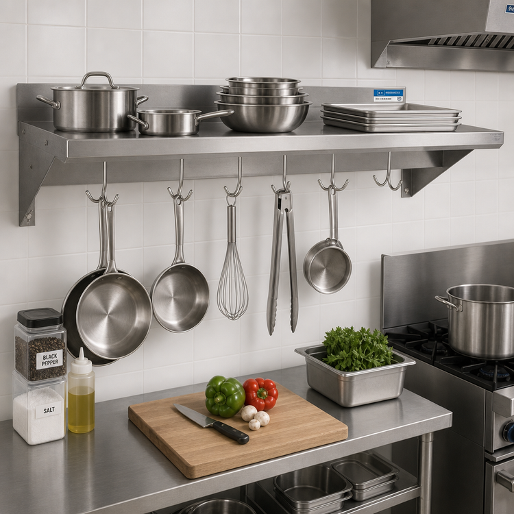 Product image #2 for BK Resources Premium Wall-Mount Overshelf with Pot Rack, 30 in. W x 12 in. D, T-304 Stainless Steel
