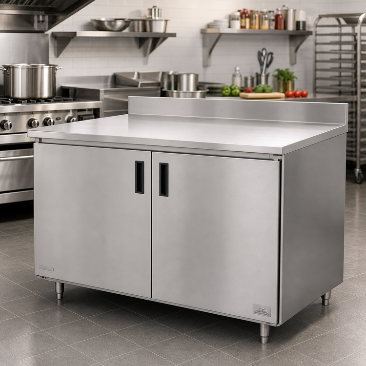 Product image #2 for Advance Tabco Special Value Series Economy Enclosed Work Table with Sliding Doors, 84 x 24 Inches, 16-Gauge 304 Stainless Steel Top, 5-Inch Backsplash