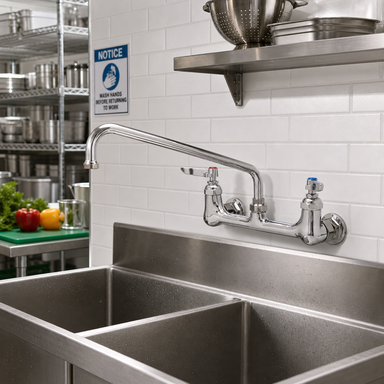 Product image #2 for Wall-Mount Sink Mixing Faucet with 12-Inch Swivel Swing Nozzle, 8-Inch Centers, 2.2 GPM