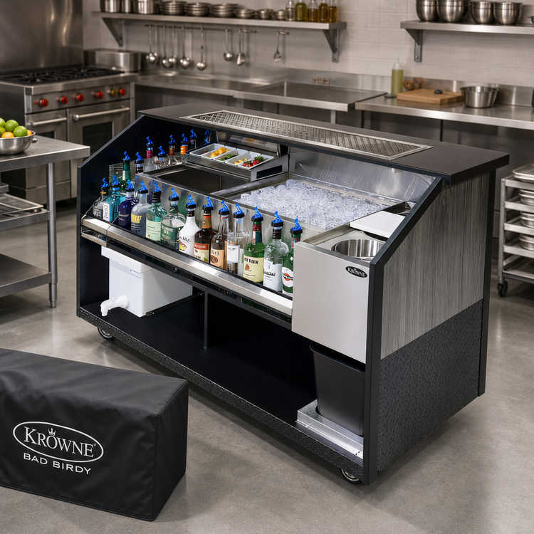 Product image #3 for Krowne Bad Birdy 66-Inch Stainless Steel Portable Bar with Dual Ice Bins, Dump Sink, Speed Rail and Outdoor Cover