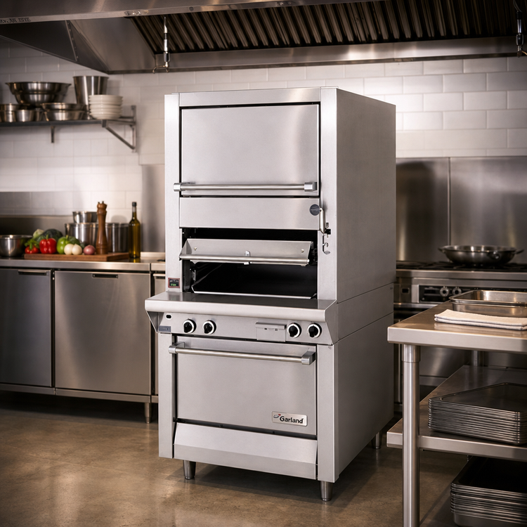 Product image #2 for Garland Master Series Heavy-Duty Upright Gas Broiler with Single Infrared Deck, Upper Warming Oven, and Storage Cabinet Base
