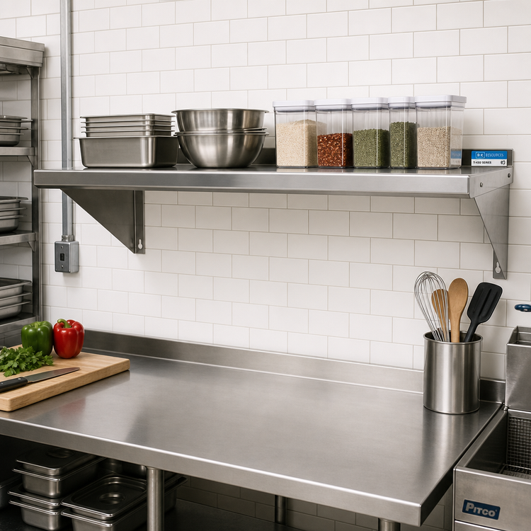 Product image #2 for BK Resources Economy T-430 Stainless Steel Wall-Mounted Shelf, 84-Inch W x 16-Inch D