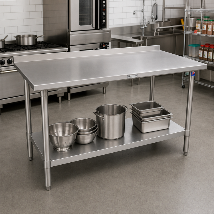Product image #2 for John Boos Stallion Stainless Steel Work Table, 120 Inch W x 24 Inch D, 1-1/2 Inch Rear Up-Turn, Adjustable Undershelf