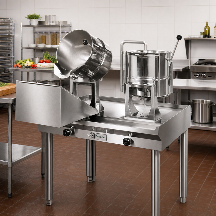 Product image #2 for Groen Direct Steam Kettle Cabinet Assembly with (2) 40-Quart Hand-Tilt Kettles, 63-Inch Stainless Steel Table