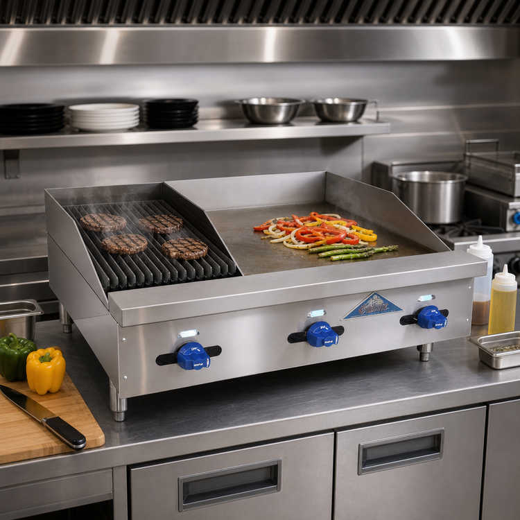 Product image #2 for Comstock-Castle 36-Inch Countertop Gas Char-Broiler/Griddle Combination with 24-Inch Griddle and 12-Inch Radiant Broiler