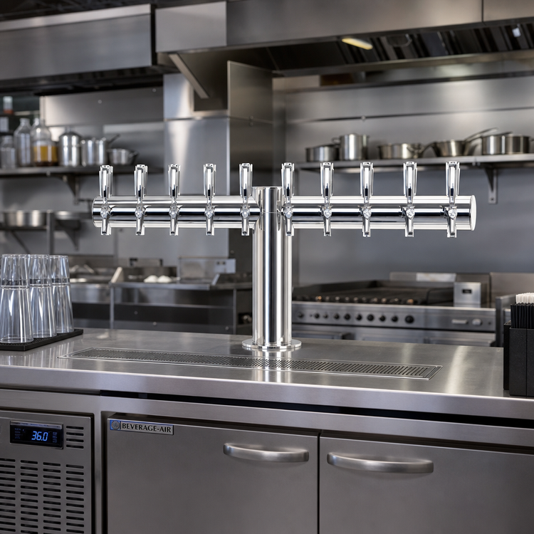 Product image #2 for Metropolis T-Style 10-Faucet Countertop Glycol-Cooled Draft Beer Tower, 34 Inch Wide, Polished Stainless Steel