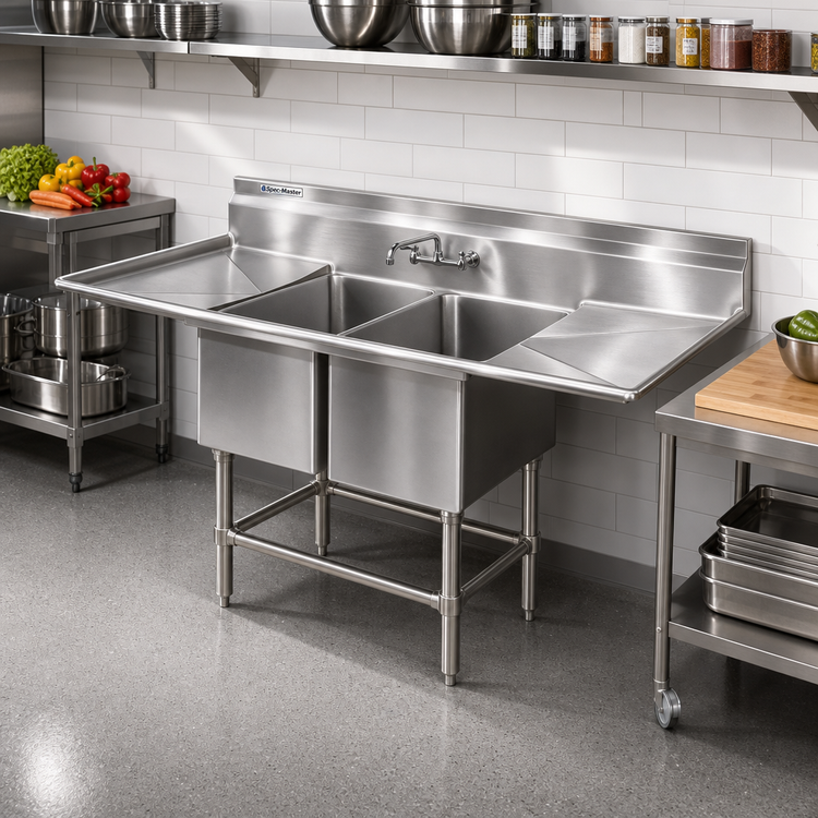 Product image #2 for Spec-Master FN Series Coved-Corner Two-Compartment Stainless Steel Sink with Left and Right Drainboards, 72 Inch Wide