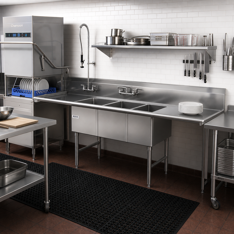 Product image #2 for John Boos Three-Compartment Straight Dishtable/Pot Sink with 2 Drainboards and Left Dish Machine Attachment