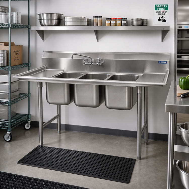 Product image #2 for Eagle Group 3-Compartment Convenience Store Sink with Dual Drainboards, 66"W x 27"D, 304 Stainless Steel