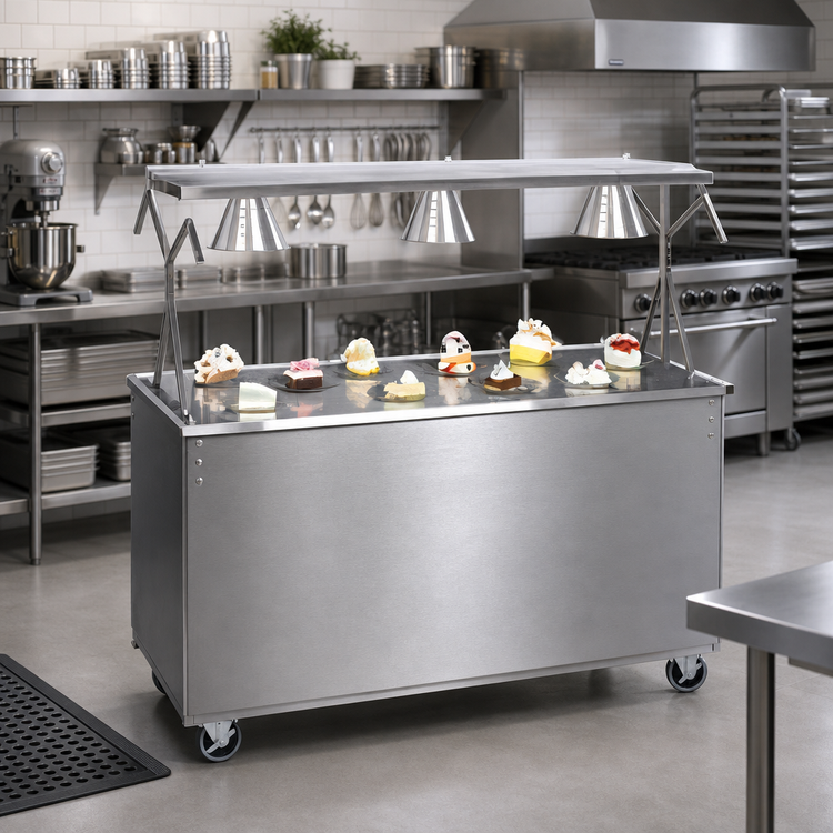Product image #2 for Vollrath 2-Series Affordable Portable™ 60-Inch Mobile Utility Station with Solid Stainless Steel Top, Buffet-Style Breath Guard, and Brushed Aluminum Base
