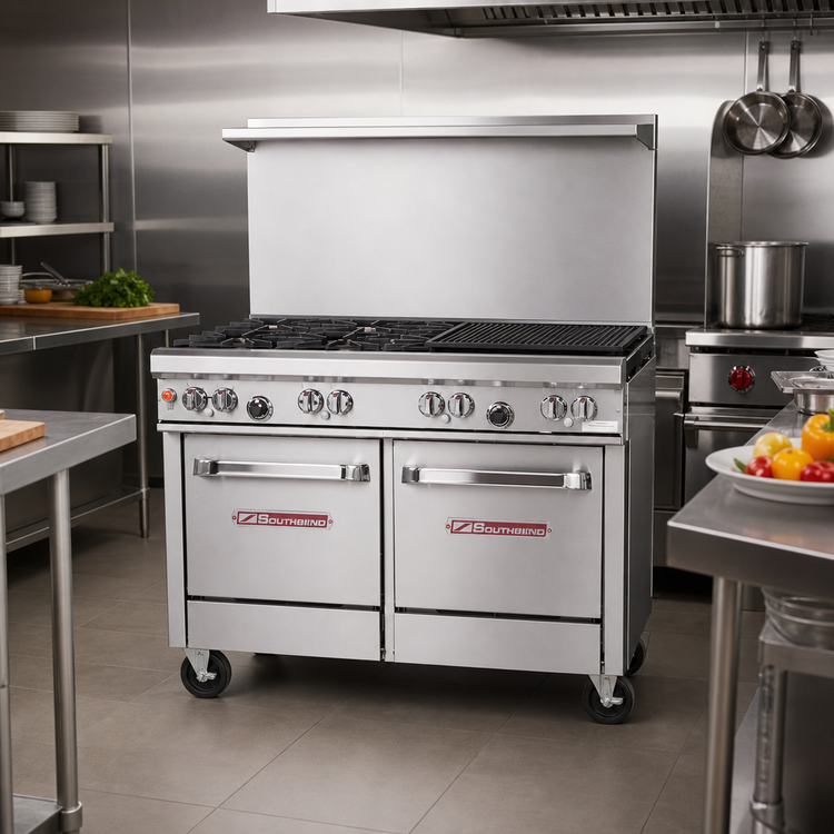 Product image #2 for Southbend Ultimate 48-Inch Gas Restaurant Range with 4 Star/Sauté Burners, 24-Inch Charbroiler, and 2 Space Saver Ovens