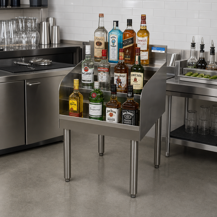 Product image #3 for BK Resources 4-Step Freestanding Underbar Liquor Bottle Display, 18" W x 21-1/4" D