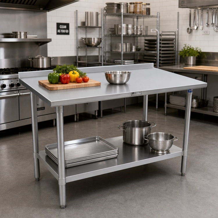 Product image #2 for John Boos Stallion 60-Inch x 24-Inch Stainless Steel Work Table with 1-1/2-Inch Rear Up-Turn, Safety Edge Front, and Adjustable Undershelf
