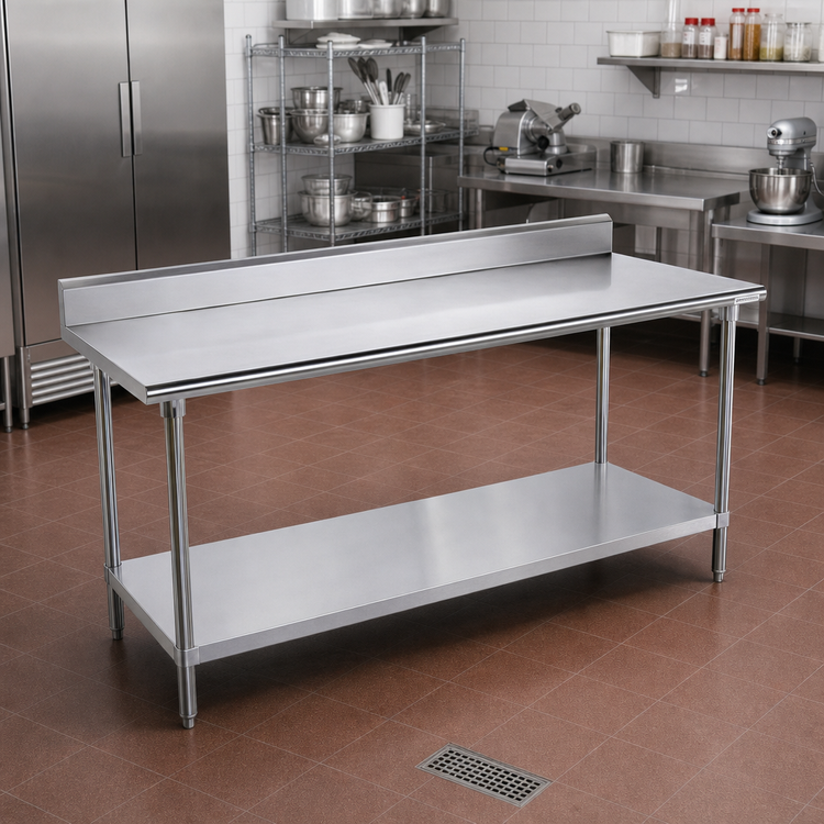 Product image #2 for Advance Tabco 144-Inch x 24-Inch 16-Gauge 304 Stainless Steel Work Table with 5-Inch Backsplash and Adjustable Undershelf
