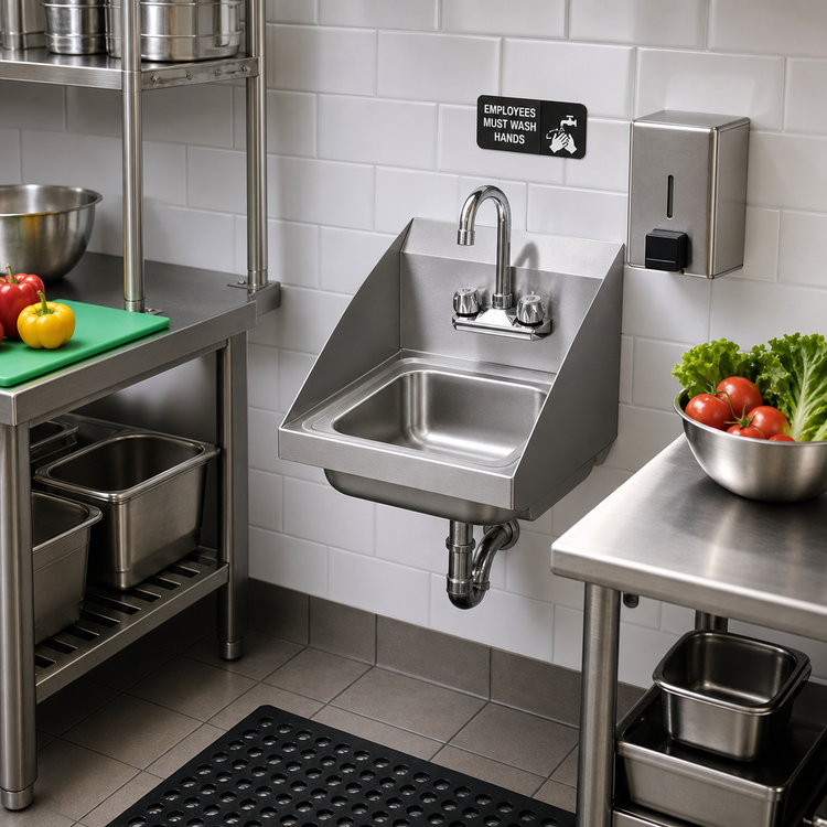 Product image #2 for Space Saver Wall-Mount 304 Stainless Steel Hand Sink with Gooseneck Faucet, Side Splashes and Basket Drain, 13 x 19 Inch