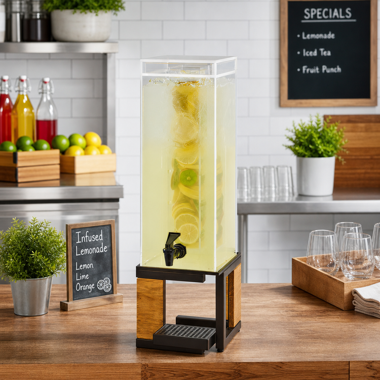 Product image #2 for Cal-Mil Sierra 3 Gallon Square Infusion Beverage Dispenser with Chamber and Drip Tray, Rustic Pine, Bronze Finish