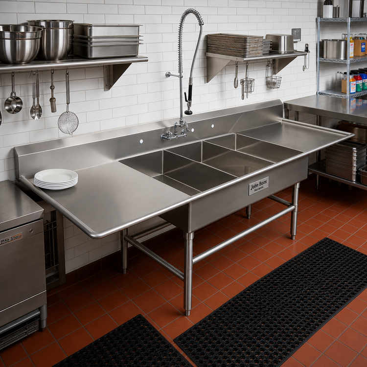 Product image #2 for John Boos Pro-Bowl 3-Compartment Stainless Steel Platter Sink with Left and Right 30" Drainboards, 105-1/4" W
