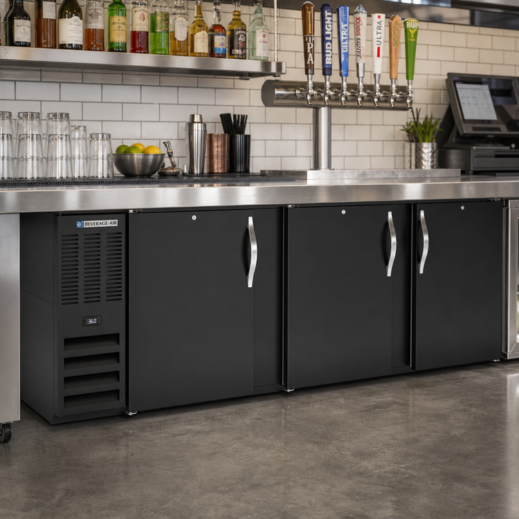 Product image #2 for Beverage-Air BB94HC-F-B Three-Section Food-Rated Back Bar Refrigerator with Solid Doors, Black Exterior