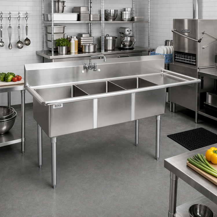 Product image #2 for John Boos E-Series 3-Compartment Sink with Right-Hand Drainboard, 62-1/2" W x 20-1/2" D x 43-3/4" H