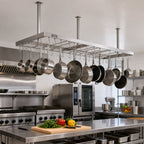 Thumbnail image #2 for John Boos PRTC6-C Ceiling-Mounted Square 300 Series Stainless Steel Pot Rack, 127-1/4"W x 18"D x 48"H, 33 Double Hooks, Triple-Bar