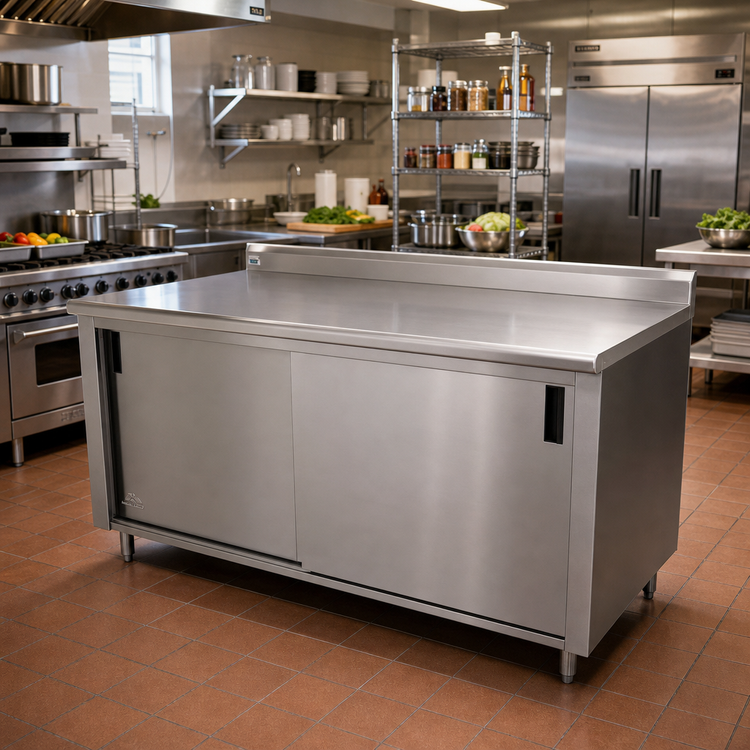 Product image #2 for Advance Tabco Enclosed Stainless Steel Work Table, 144 x 36 Inch, 14 Gauge 304 Top, Cabinet Base with Mid-Shelf and Sliding Doors