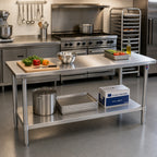 Thumbnail image #2 for John Boos Stallion ST4-24144GSK 144-Inch x 24-Inch 14-Gauge 300 Series Stainless Steel Flat-Top Work Table with Galvanized Undershelf