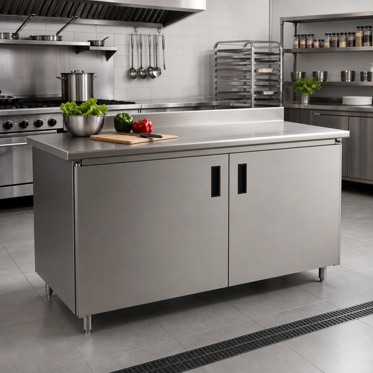 Product image #2 for Advance Tabco Special Value Economy Enclosed Work Table with Cabinet Base and Sliding Doors, 96 x 30 Inches, 16-Gauge 304 Stainless Steel Top